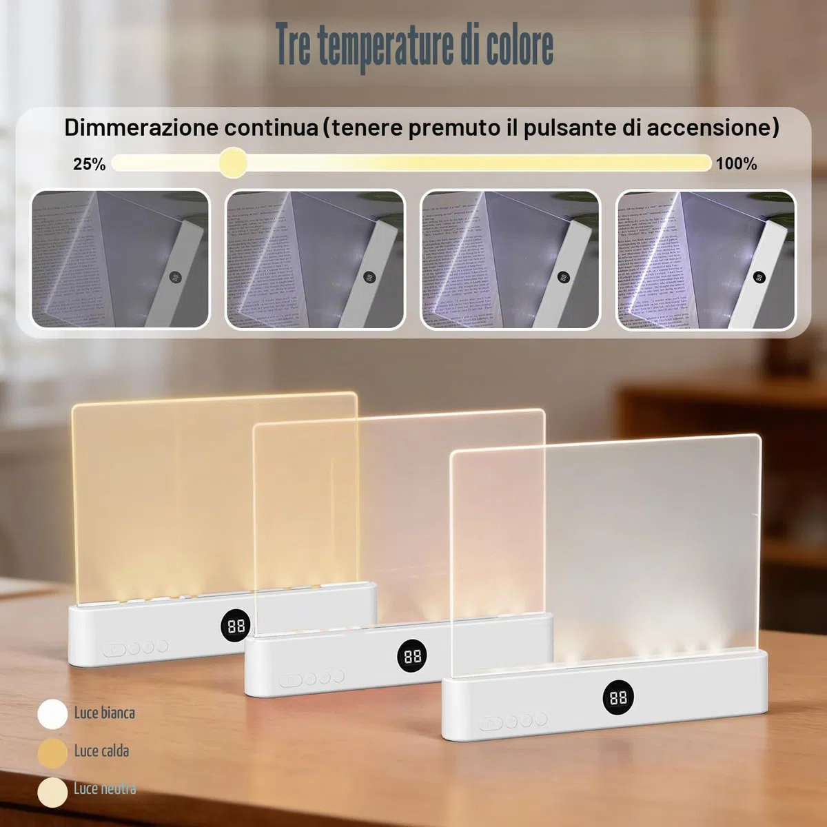 Lampada Libro Piatta, Luce per Libri Piatta, Luce per libri a LED intelligente, Lampada da Lettura Portatile Piatt-a, Lampada lettura a pannello LED con 3 colori e timer, Per Camera da, Scuola