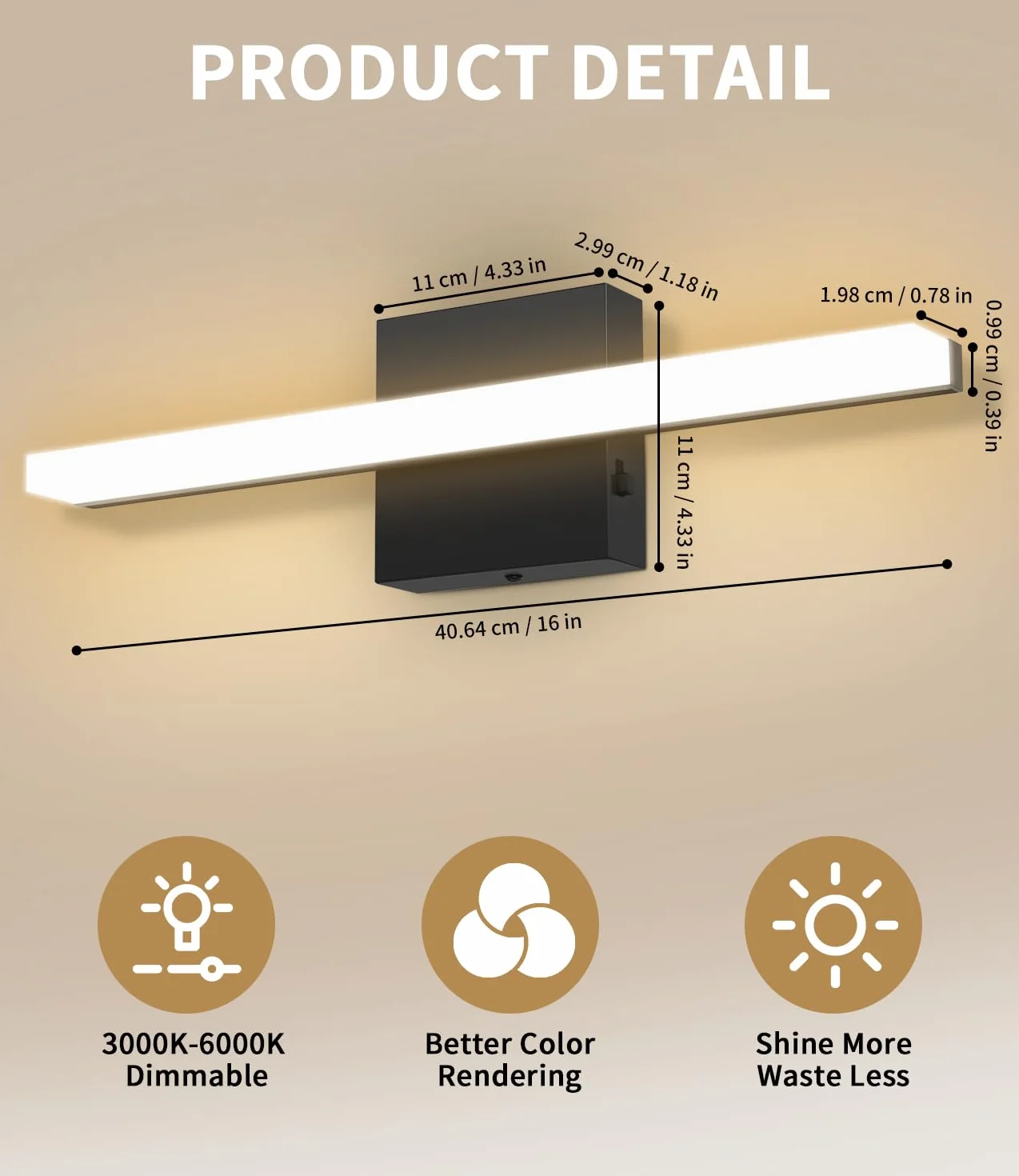 Lampada da Specchio Bagno 40CM, LED 3000-6000K con Interruttore Temperatura, Applique Moderna con Schermo Acrilico, Risparmio Energetico e Durevole, Design Moderno per un’Atmosfera Accogliente