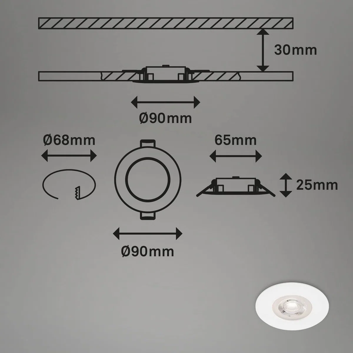 BRILONER - Set di 4 luci LED da incasso a soffitto, luci da incasso ultrapiatte, faretti da incasso per bagno, faretti da incasso per bagno IP44, bianco opaco, 90x25 mm (DxH)
