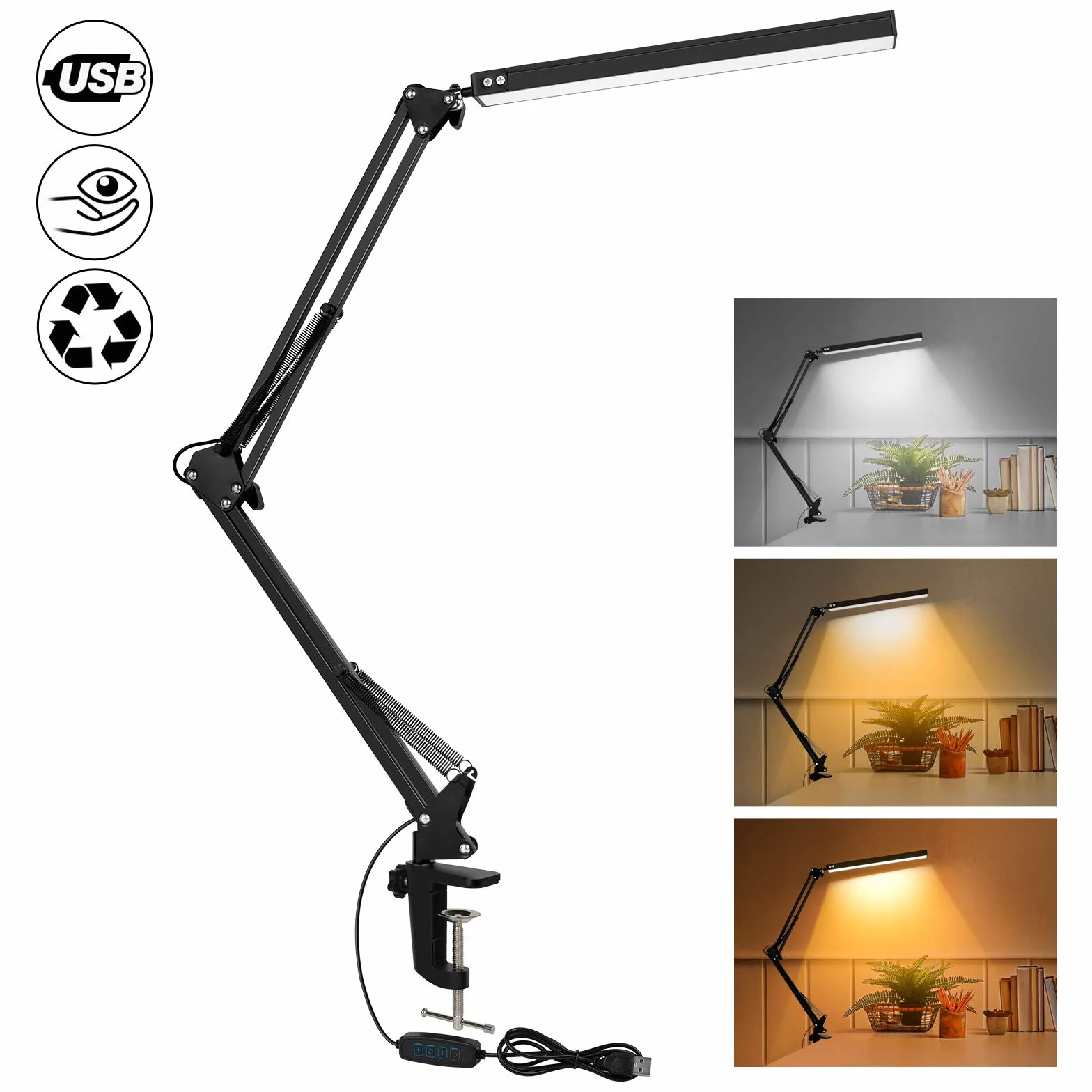 SKYLEO Lampada da Scrivania a LED - da Tavolo con clip - per la cura degli occhi - 3 modalità di luce x 10 livelli di luminosità - Nero