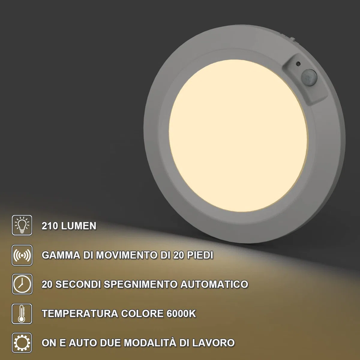 Lampada da soffitto con sensore di movimento, funzionamento a batteria, per interni, senza fili, 3 modalità, per armadio, garage, dispensa, capanno, scale, cantina