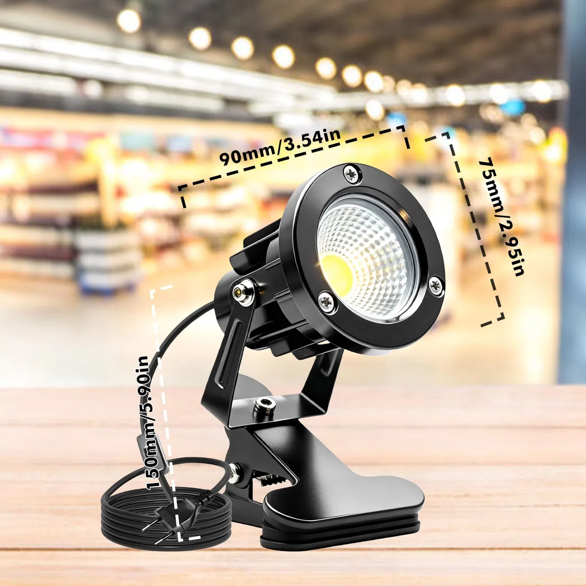 Faretto a LED con morsetto: alloggiamento in alluminio, IP65, impermeabile, da giardino con spina e interruttore da 1,8 m, illuminazione da giardino per interni ed esterni (bianco caldo)