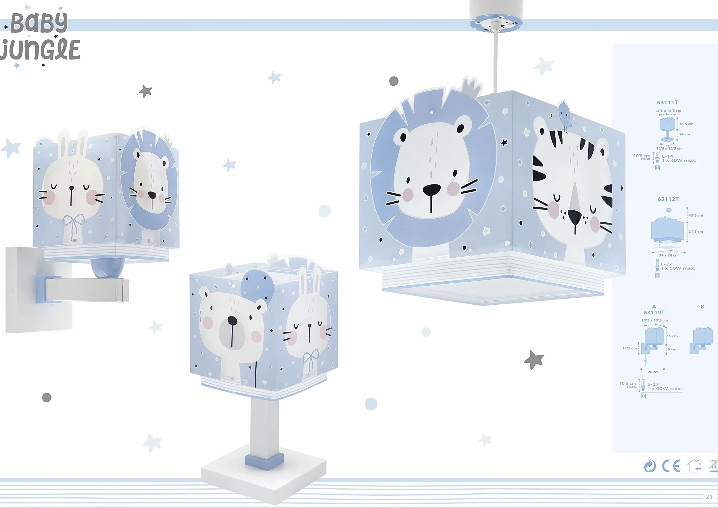 Dalber Lampada da tavolo o comodino per bambini Baby Jungle blu Giungla Orso Leone Tigre Coniglio