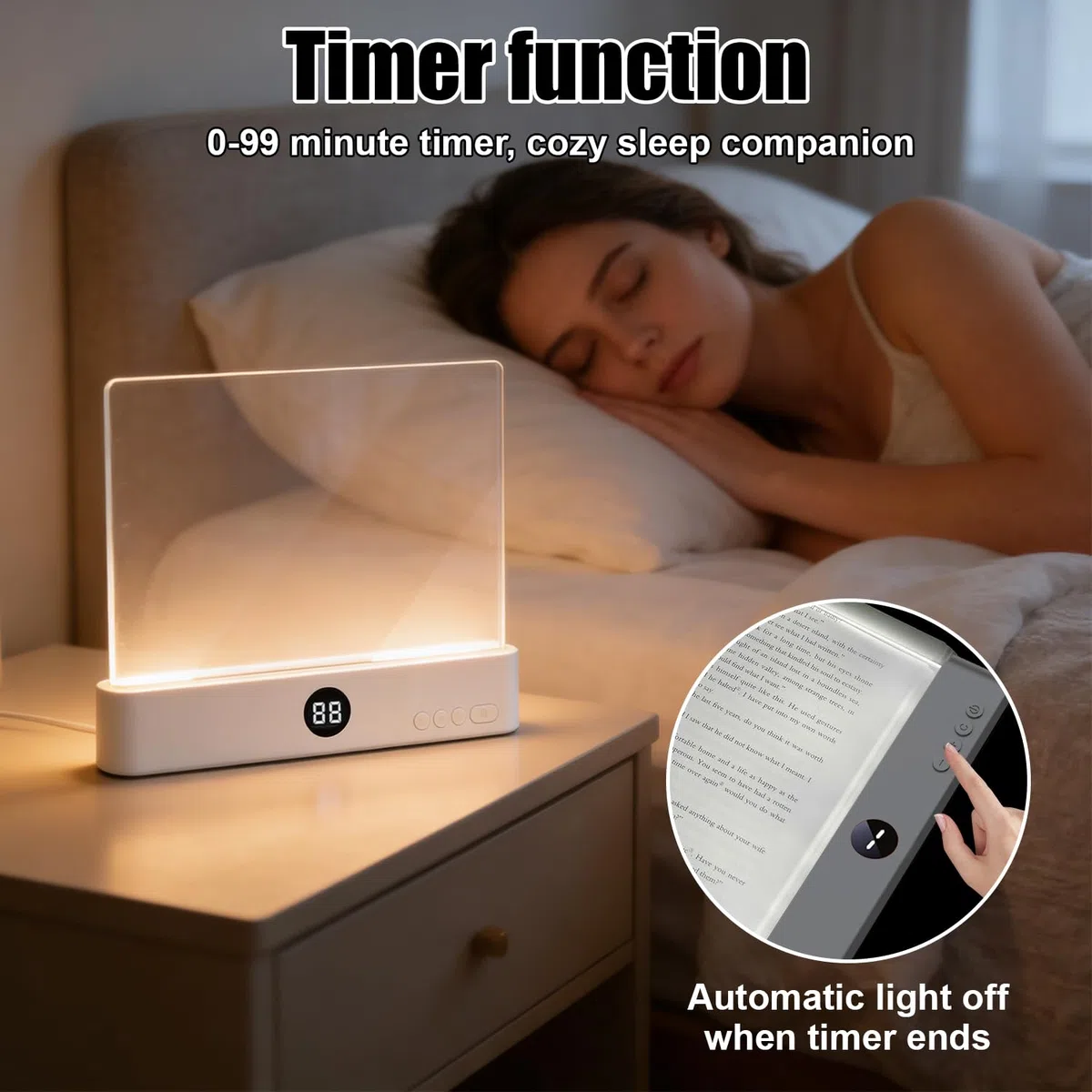 Lampada Libro Piatta, Luce per Libri Piatta, Luce per libri a LED intelligente, Lampada da Lettura Portatile Piatt-a, Lampada lettura a pannello LED con 3 colori e timer, Per Camera da, Scuola