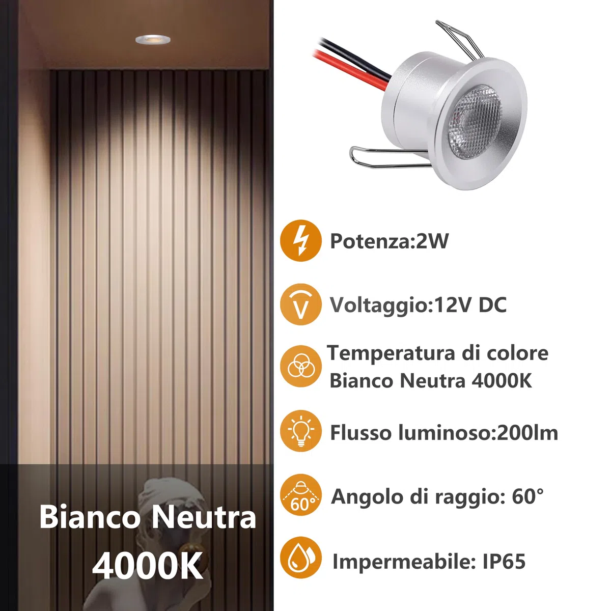 Set di 6 Faretti Led da Incasso per Cartongesso,2W Mini Faretti Led Soffitto,IP65 12V Faretto LED Ultrasottili 19mm,foro 25-28mm,faretti led Per Luci Cucina Bagno (Argento Bianco Neutro 4000K)