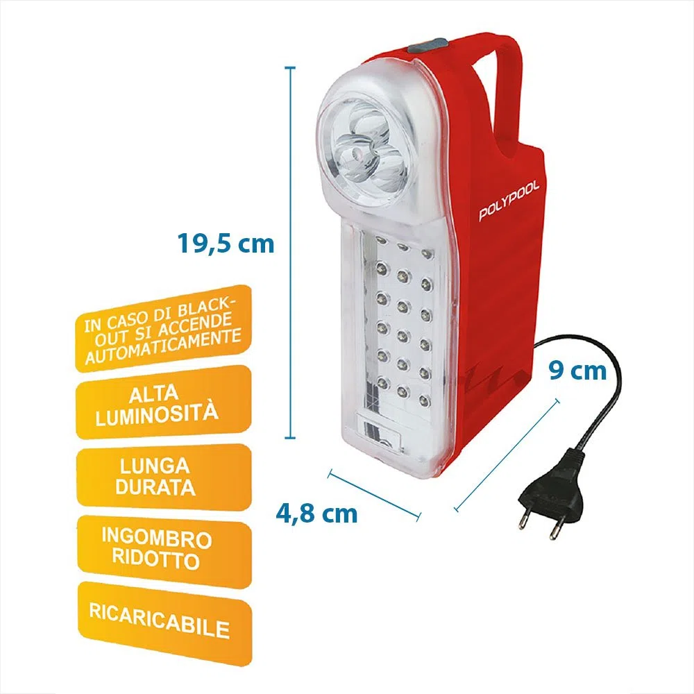 POLY POOL - PP0765 Lampada di Emergenza Portatile Ricaricabile 21 LED - Luce emergenza 3 Funzioni con Cavo 1m e Spina 10A - Lampada Emergenza Portatile con Manico 60+13lm - Luce Emergenza da Presa