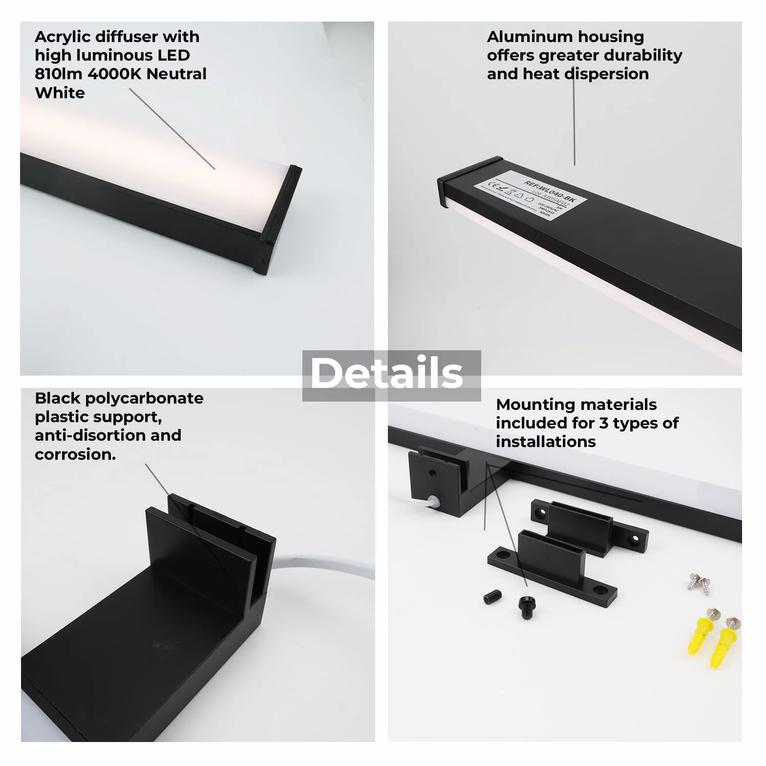Alpinaluz Applique LED da Specchio Nero per Bagno – 4000K Luce Bianca Neutra – IP44 – Struttura in Alluminio e Supporti in Policarbonato – Installazione su Specchio, Muro o Mobile (40cm 10W)