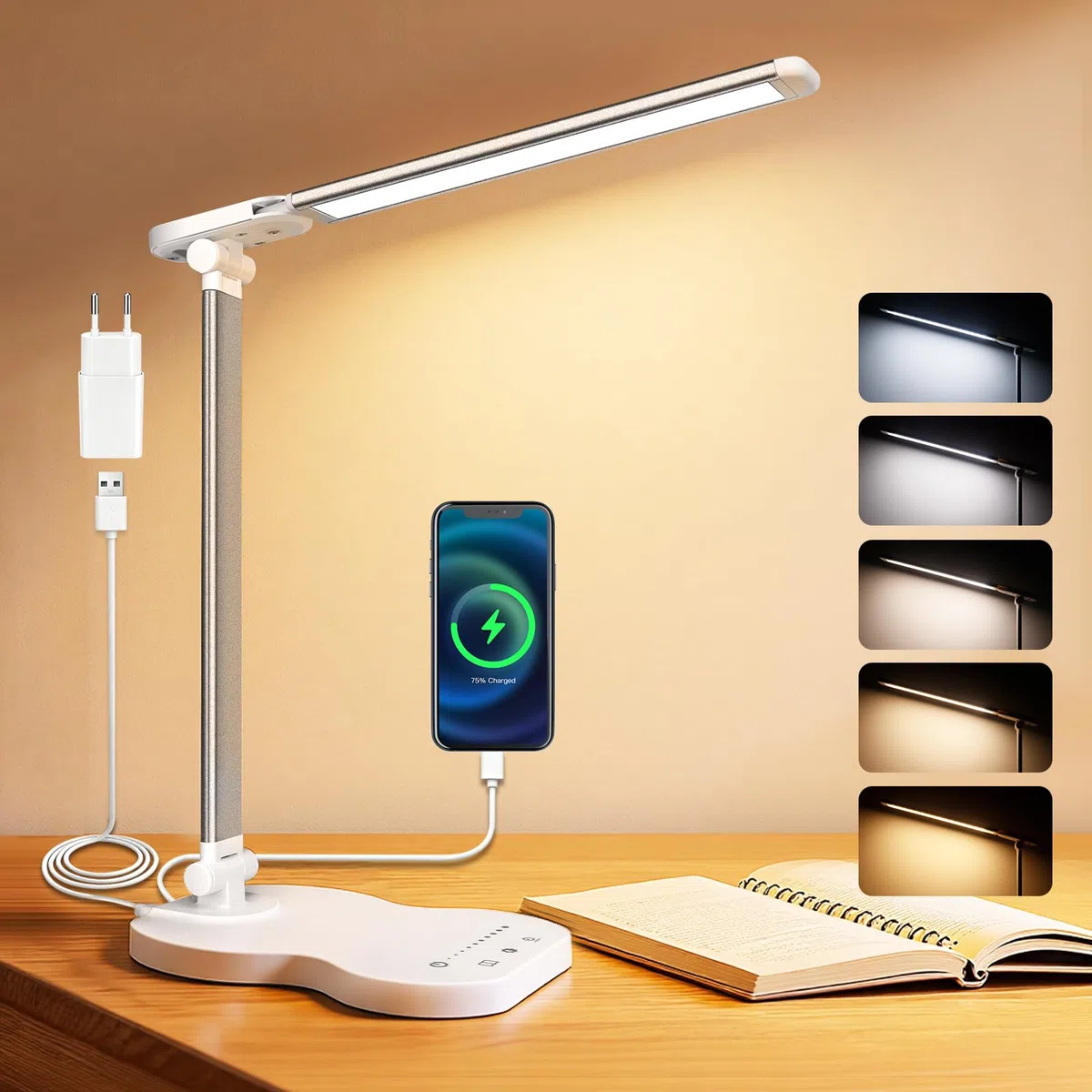 Caldarax Lampada da Scrivania LED, Lampada da Tavolo, 5 Colori e 10 Livelli di Luminosità, Porta USB/Timer/Tocca Controllo, Lampade da Comodino Pieghevole per Lettura, Lavoro, Studiare(Bianco)
