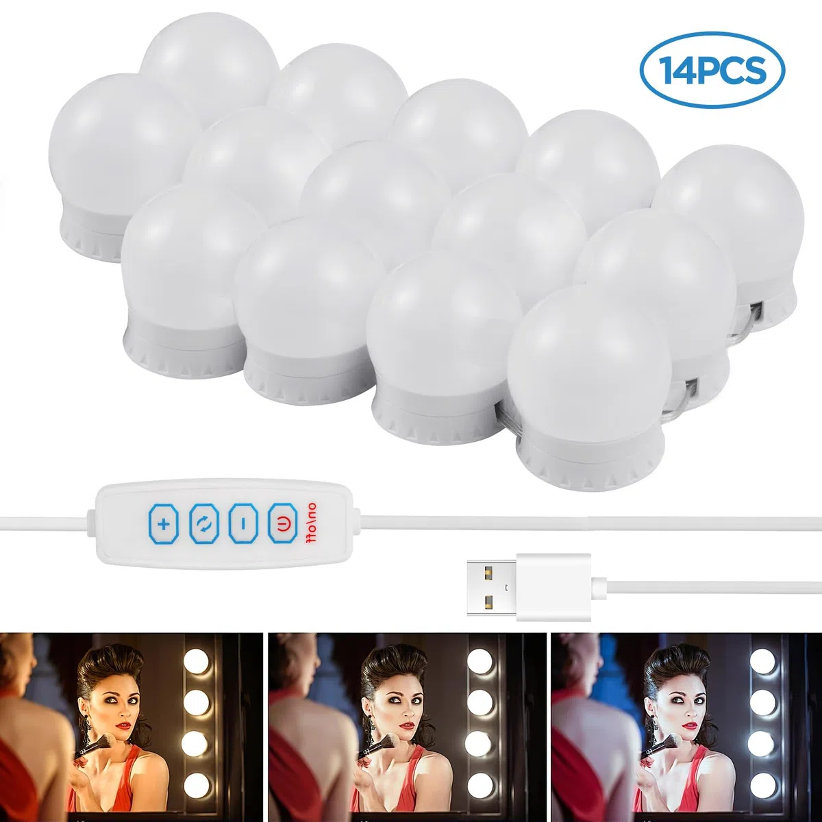 Luci Trucco, Kit di 14 Lampadine Hollywood LED Dimmerabile con Adattatore, Specchio Hollywood Dimmerabile con 3 Colori e 10 Intensità per Parrucchiere