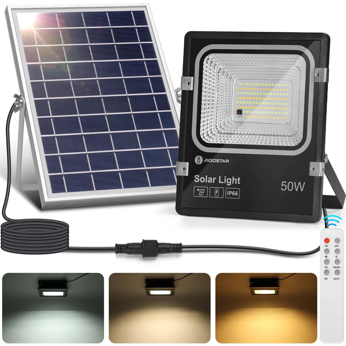 Aigostar - Faro led esterno con pannello solare，50W，dimmerabile，Faretto solare esterno con telecomando e timer，IP66，5000mAH，Batteria di grande capacità，Faretti solari con cavo 2M.