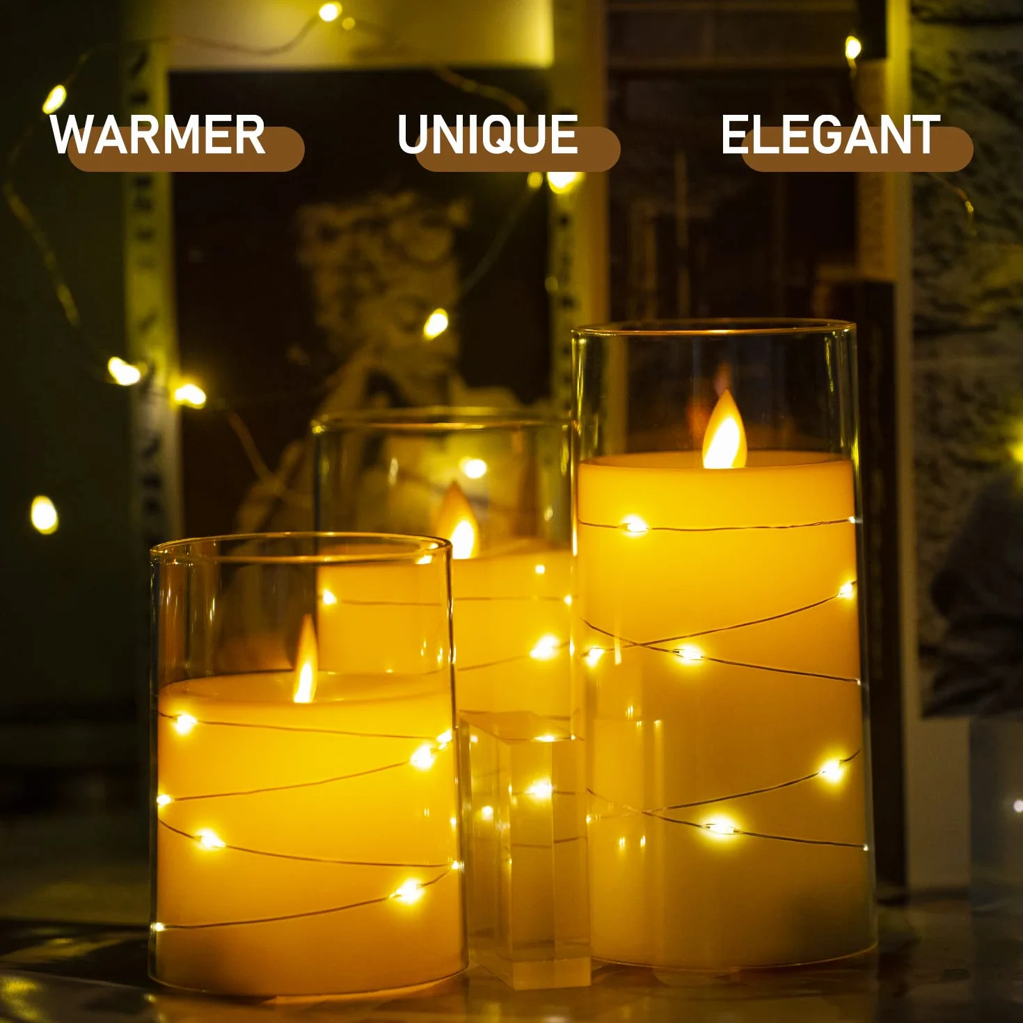 Candele LED con Glass Effect, Fiamma Oscillante, Candela a Batteria Senza Fiamma con Timer e Telecomando, Candele Elettriche, Set di 3, Diametro 7.6 cm, Altezza 10.2 12.7 15.3 cm