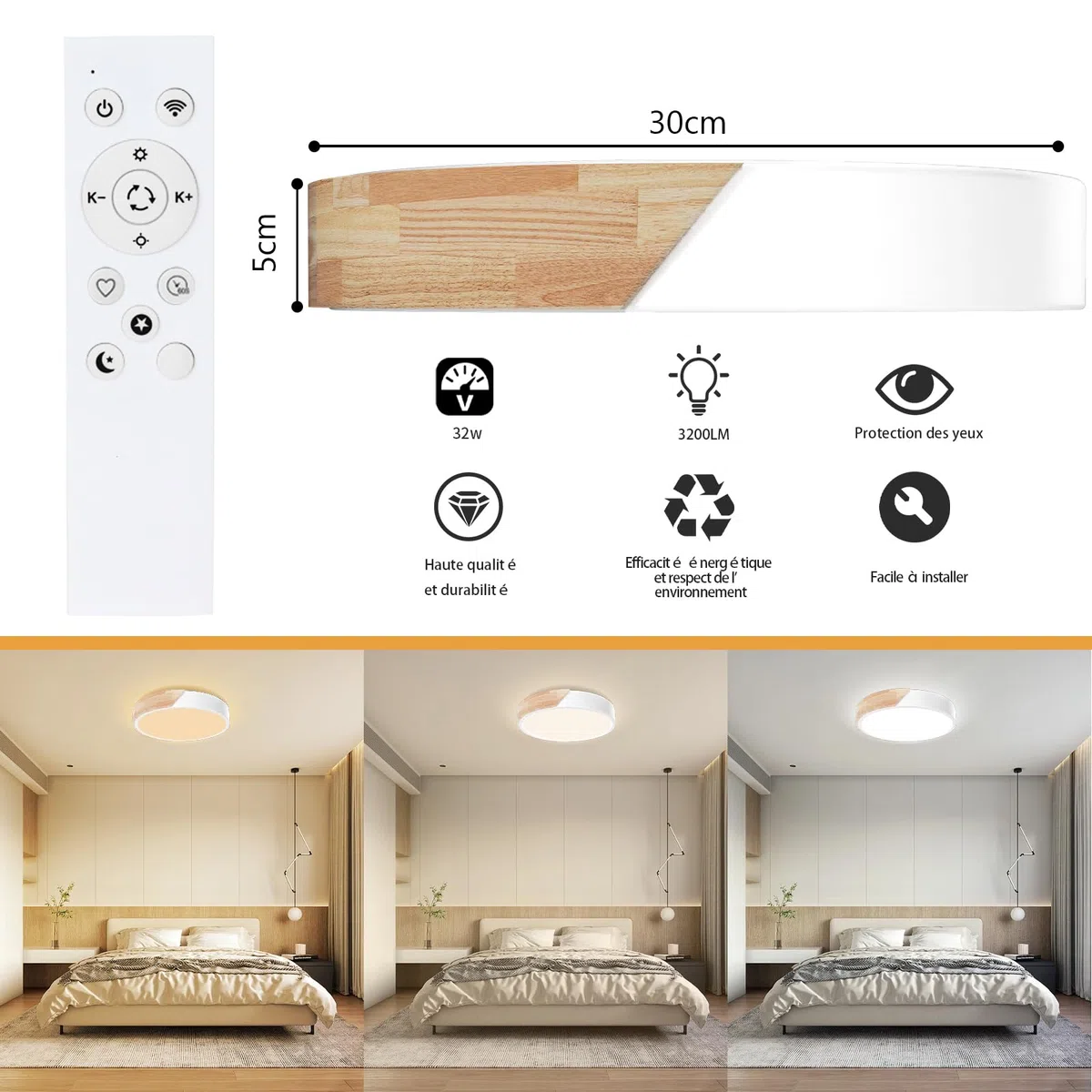 Yexati Plafoniera a LED con Temperatura di colore Regolabile,32W 3000K/4000K/6000K 3200LM, IP54, Plafoniera Led Soffitto Moderna in Legno Con telecomando,Adatto a Soggiorno,Camera da letto, Bianco