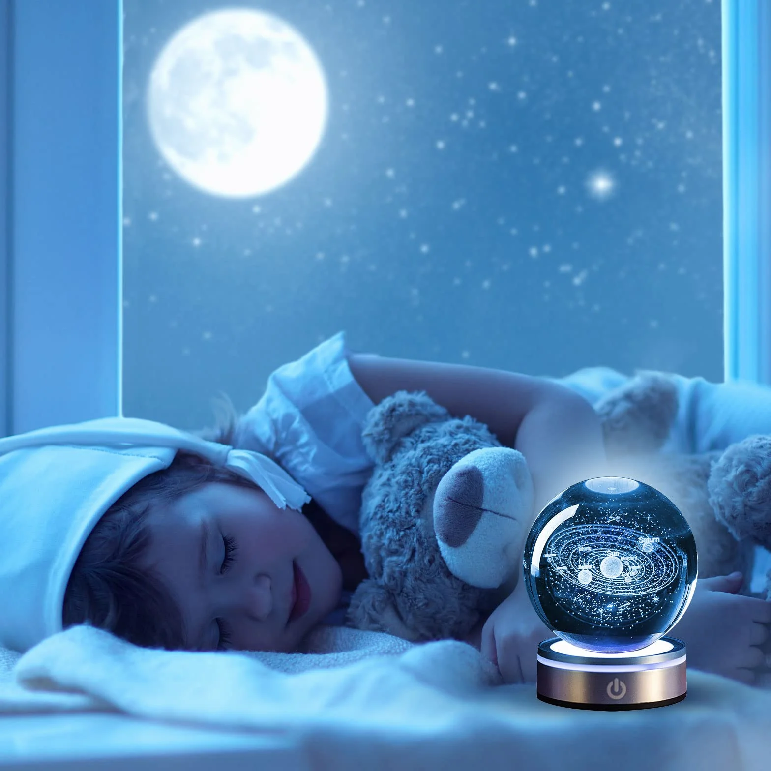 mumisuto Sfera di Cristallo 3D, Sfera di Cristallo 3D Sistema Solare, luce notturna 3d con sfera di cristallo con LED Light Up Base Casa Decorazione Ornamento Astronomia Regali educativi di Natale