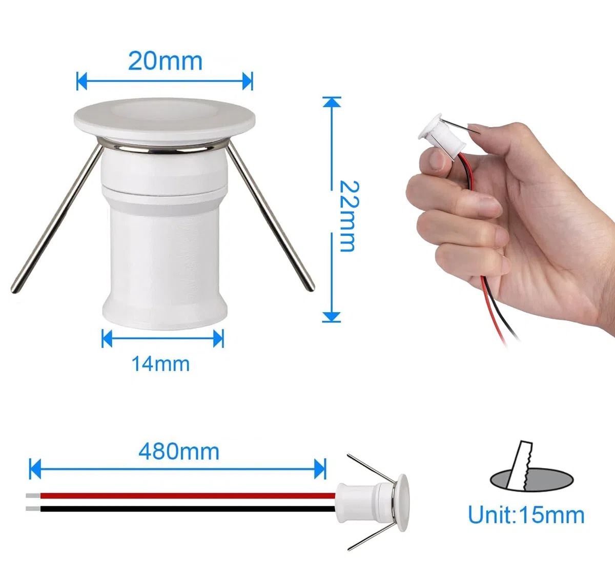 Mini faretto LED 902 120°, DC12V 1W, 80Ra, 75lm, dimensioni ridotte, installazione integrata, adatto per l'illuminazione di mobili come cantinette per vino, scarpiere, ecc.(3000K,White,9Pack)