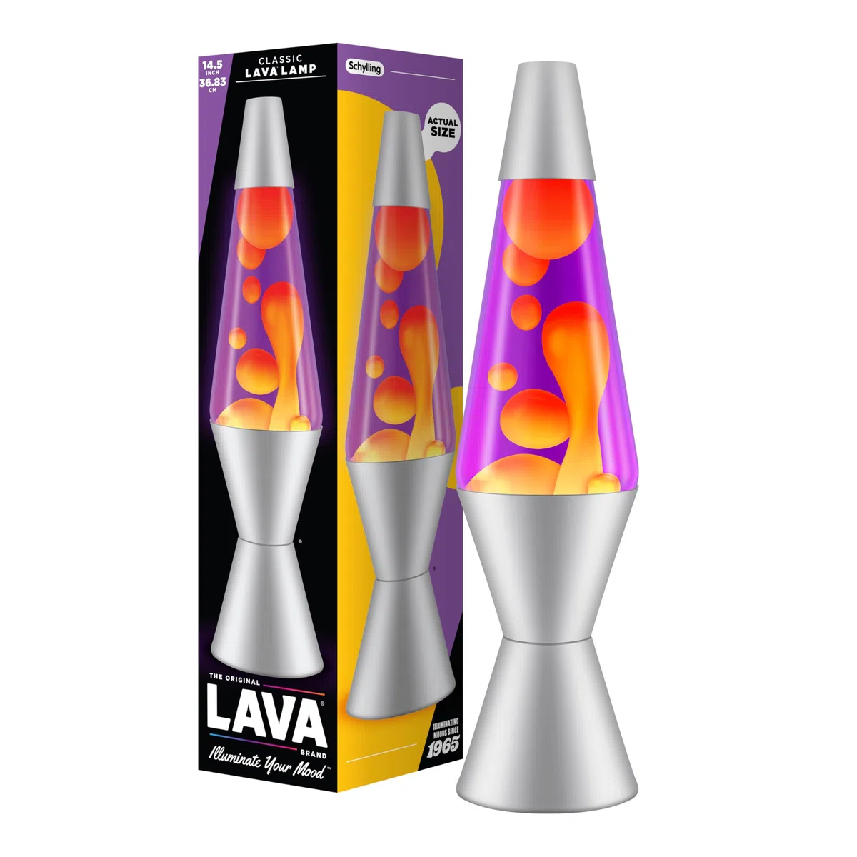 LAVA® - Lampada Lava 2125, cera gialla, liquido viola, base e cappuccio argento, lampada di movimento originale di marca LAVA® da 14,5 pollici