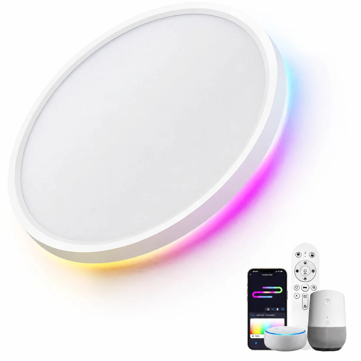 Plafoniera LED Smart Dimmerabile 24W con Telecomando e Controllo WiFi – Lampada da Soffitto Ultra Sottile con Retroilluminazione RGB, Alexa e Google Assistant, per Soggiorno e Camera