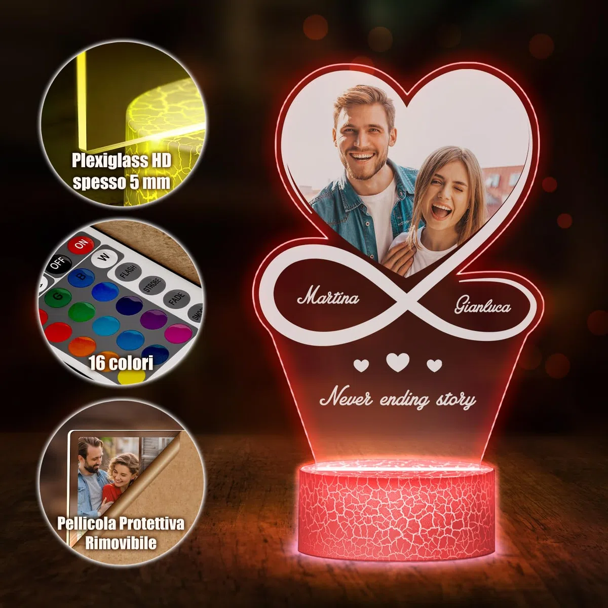 Maverton Lampada con Targa Personalizzata - Targhetta Personalizzata con Luce Notturna - Base Multicolore Caricatore e Telecomando - Idea Regalo Coppia Anniversario