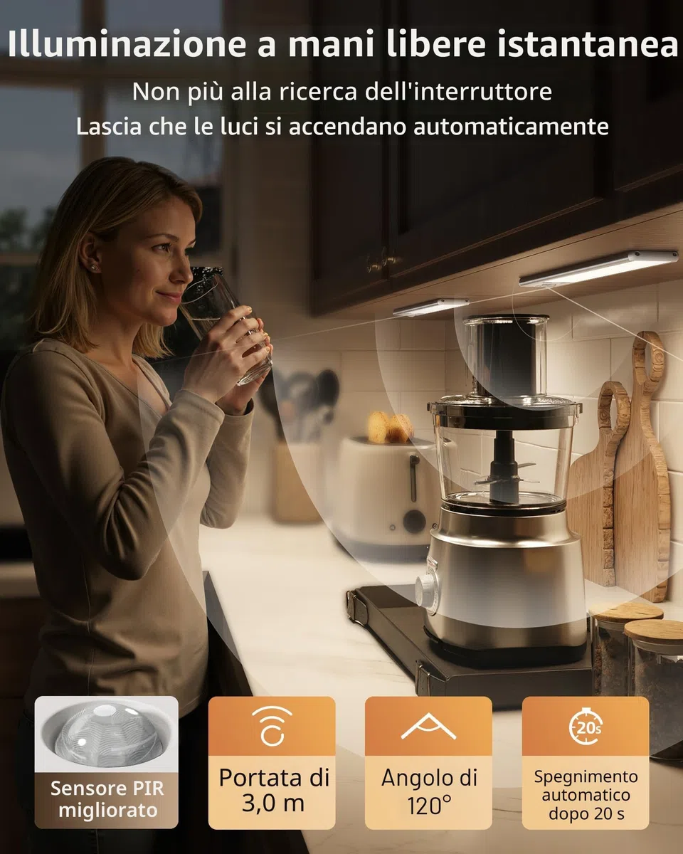 EZVALO Luce Armadio,Barra LED Sottopensile,20cm (2 Pezzi) 62 LED, 1600mAh,3 Temperature Regolabili,Dimmerabile Con Sensore Di Movimento 3 Modalità, Senza Fili Per Guardaroba、Cucina、Corridoio