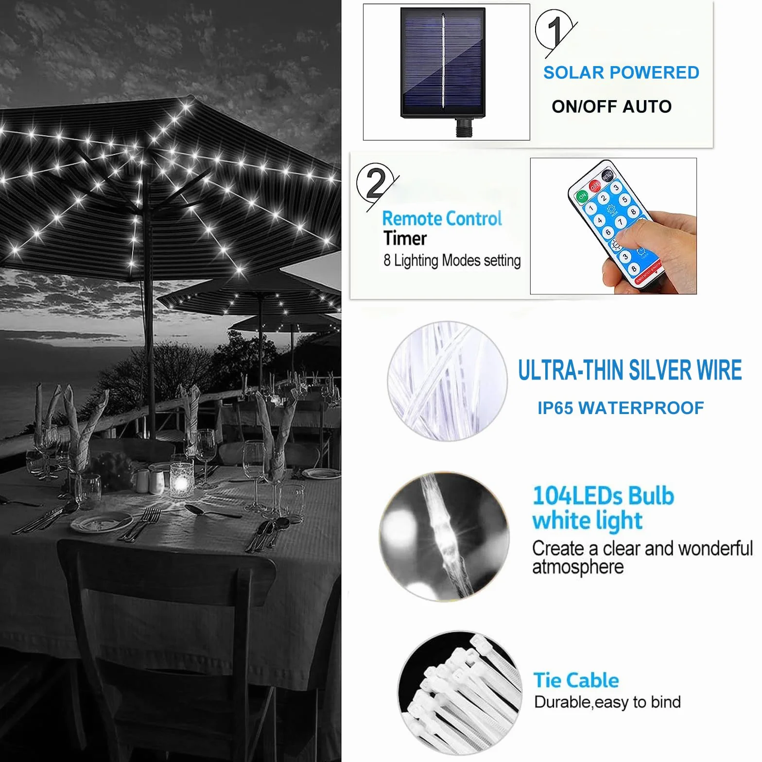 Luci a catena per ombrellone da patio, KINGCOO, luce per ombrellone impermeabile a energia solare con 104 LED, luci per palo da parasole, decorazione, 8 modalità, telecomando per ombrelloni da patio