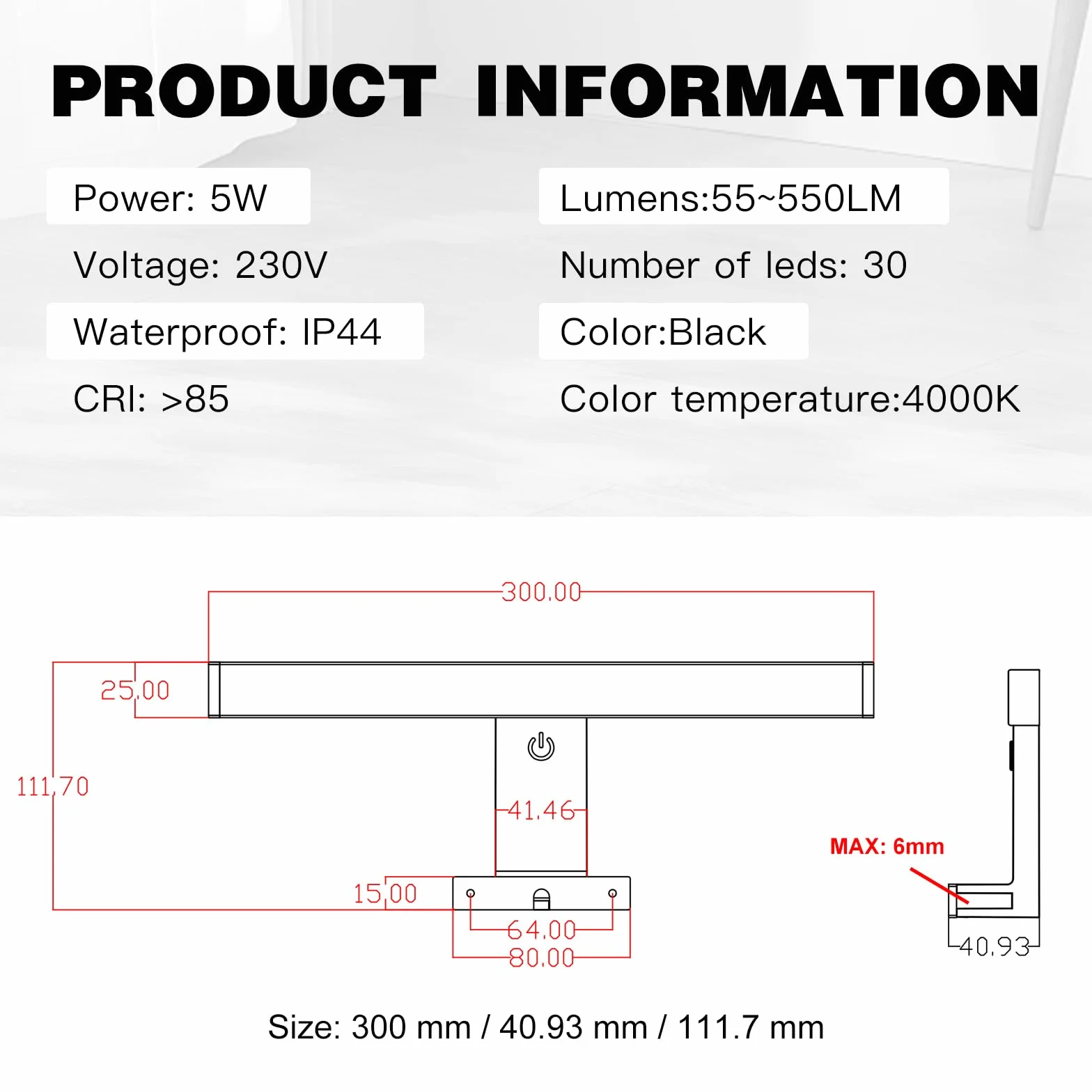 DEELUX Lampada da Specchio con Interruttore touch,Luce LED per Specchio Dimmerabile (55~550 lm) 5W 30cm,Bianco Neutro 4000K,Lampada Armadio Applique da Parete IP44 230V,Nero