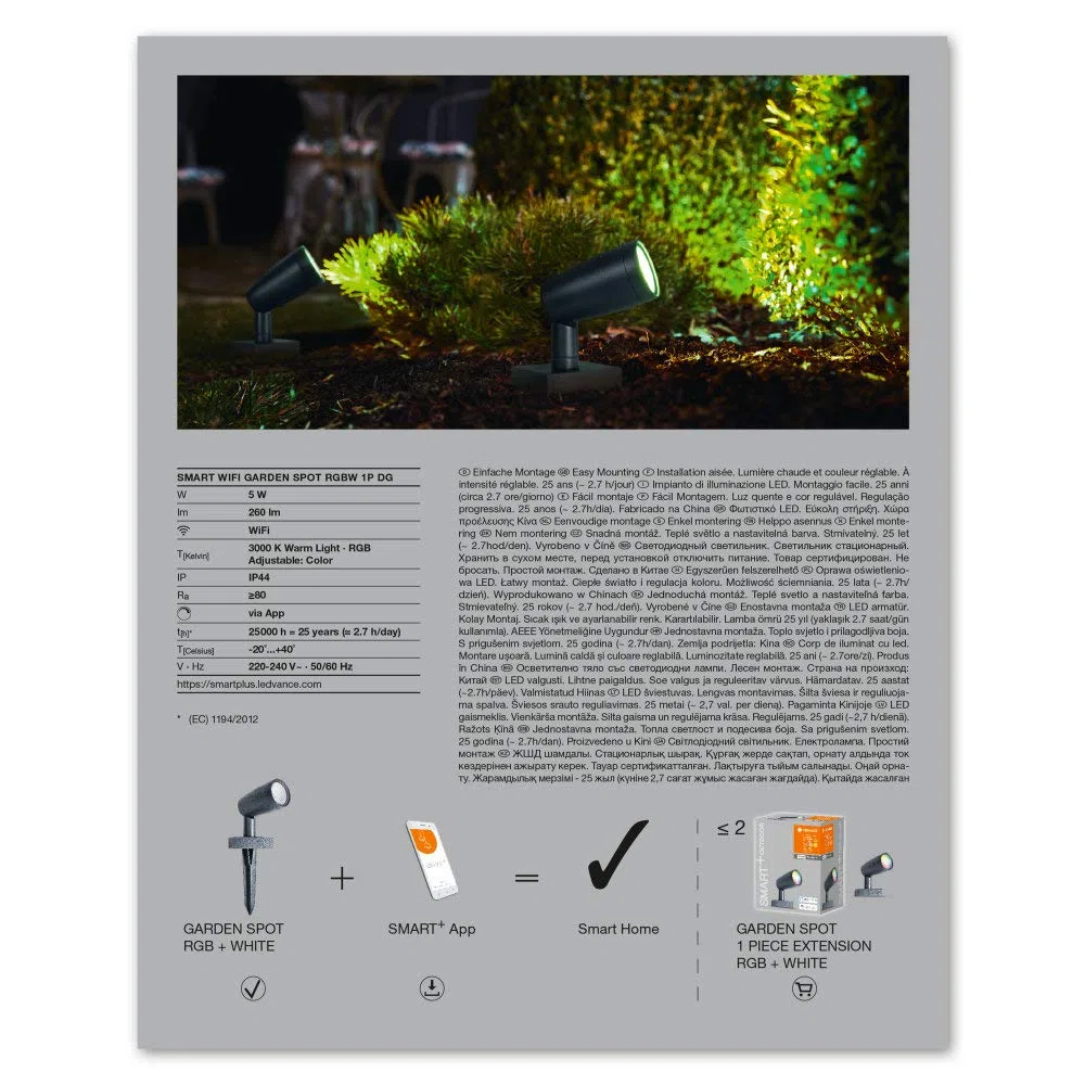 LEDVANCE Luce da giardino a LED intelligente con tecnologia WiFi, pacchetto base con 1 faretto per esterno, colori RGB modificabili, compatibile con Google e Alexa, SMART+ WIFI GARDEN SPOT 1P