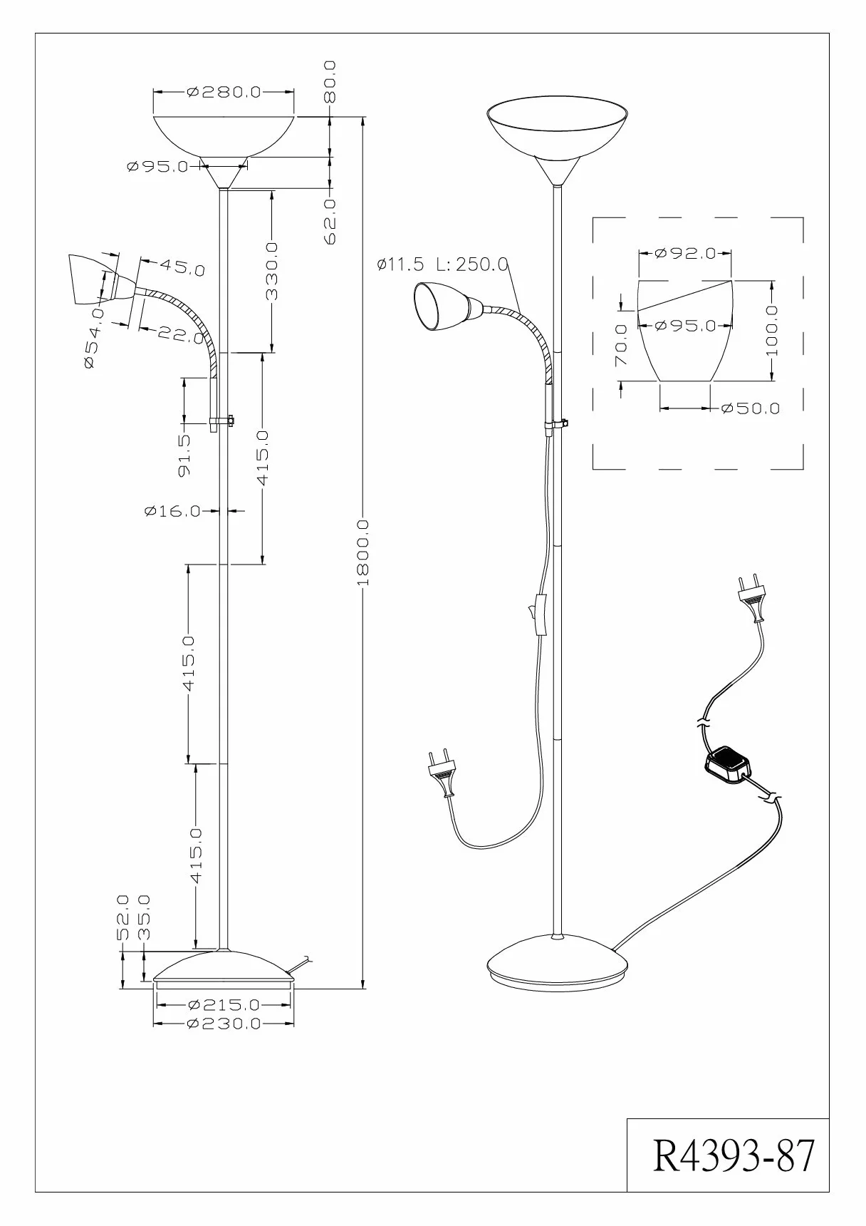 Reality Leuchten Reality R4393-87 Erzwo Piantana, 1xE27 150 W/1xE14 40 W LED, Metallo, Titanio/Bianco, 180 cm, 1 Unità (Confezione da 1)