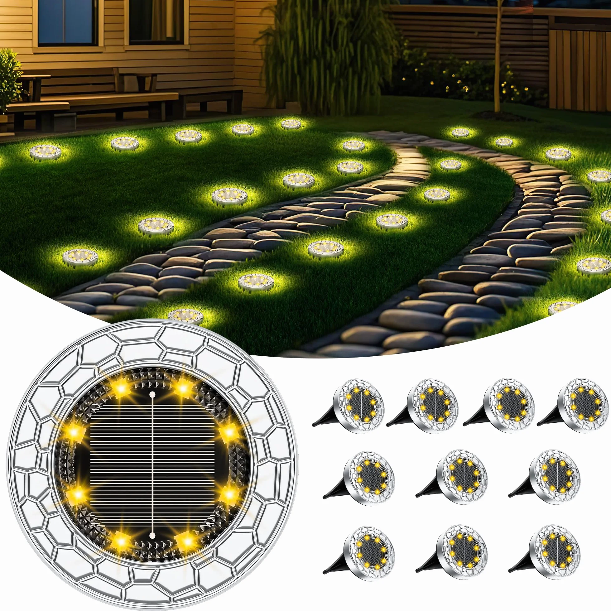 FIFlying 10 pezzi Luci Solari da Giardino, 8 LED Lampade Solare da Terra, Acciaio Inossidabile Bianco Caldo Faretti Sepolta Solari a Led da Esterno, per Prato, Vialetto, Marciapiede, Patio