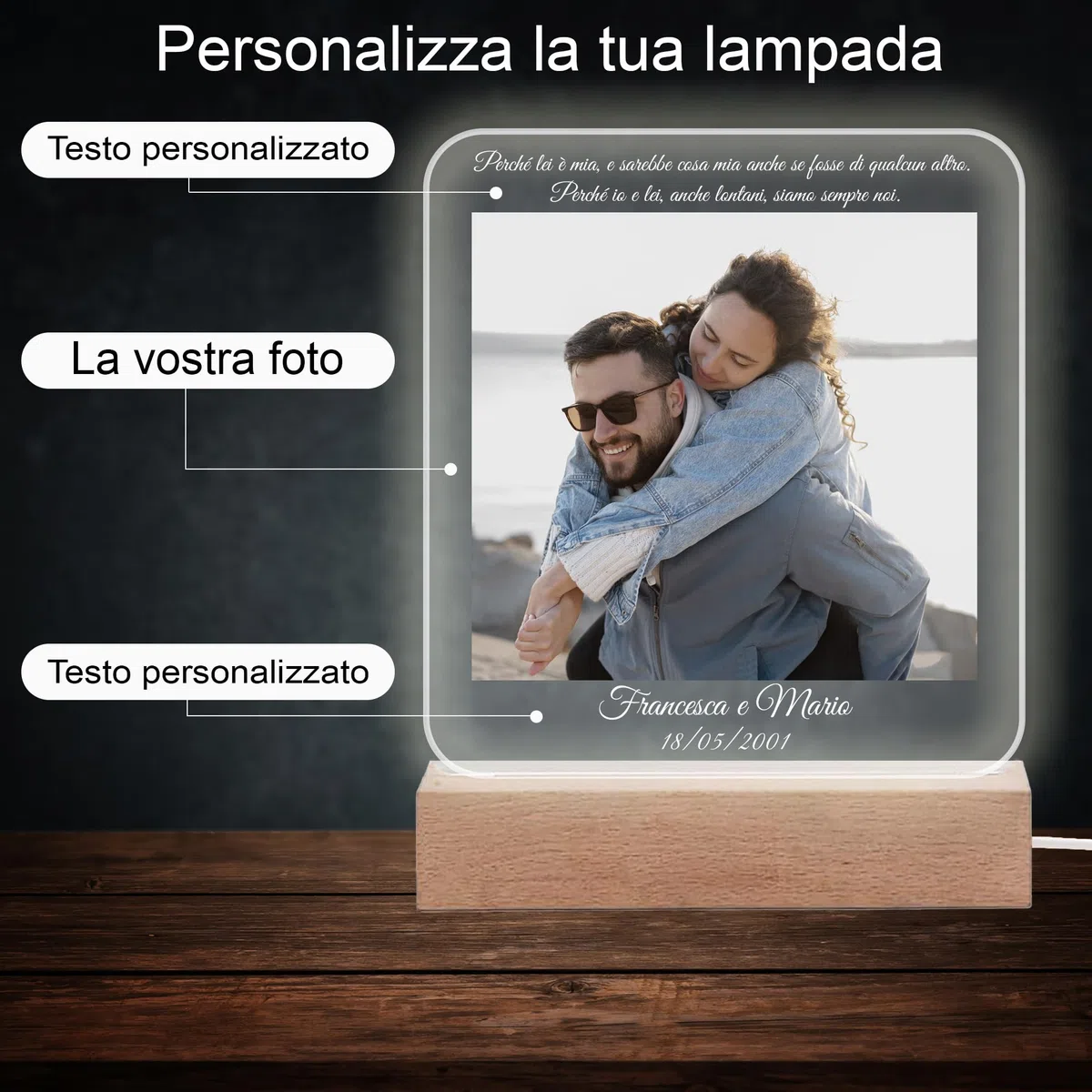 Stileitaliano lampada con foto personalizzata idea regalo anniversario compleanno per lui lei led multicolore regali fidanzati uomo donna (Foto singola)