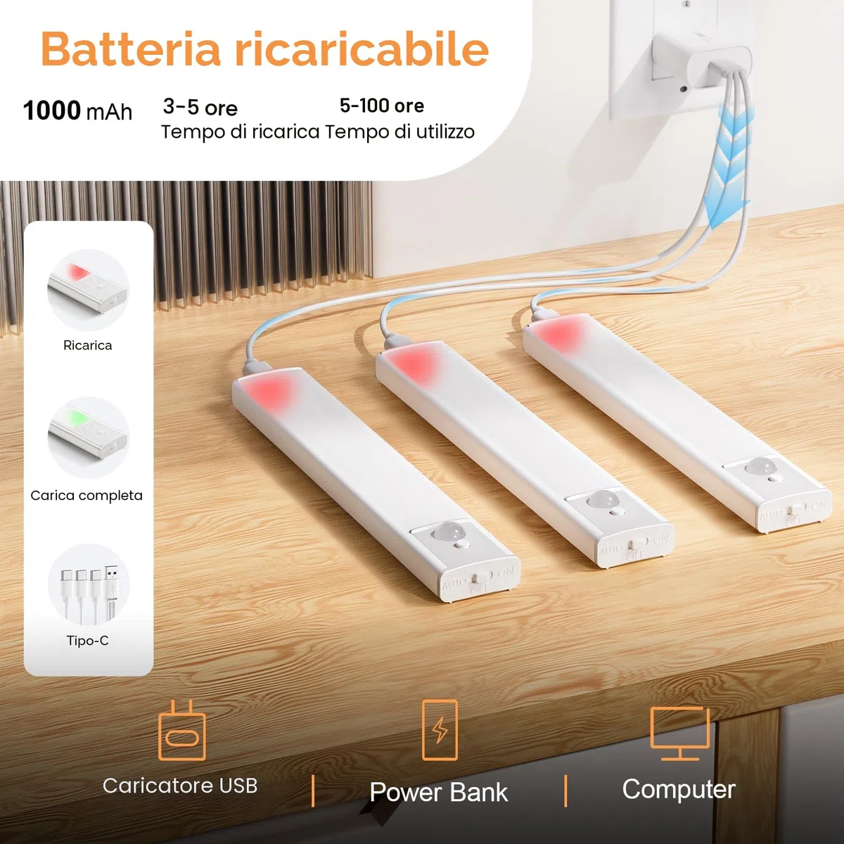 daphomeu 5 Pezzi LED Sottopensile Cucina, Dimmerabile Luce led Sottopensile, 20cm Bianco Freddo Luce Armadio led con Sensore, wireless luci ricaricabile magnetica per scale, armadio