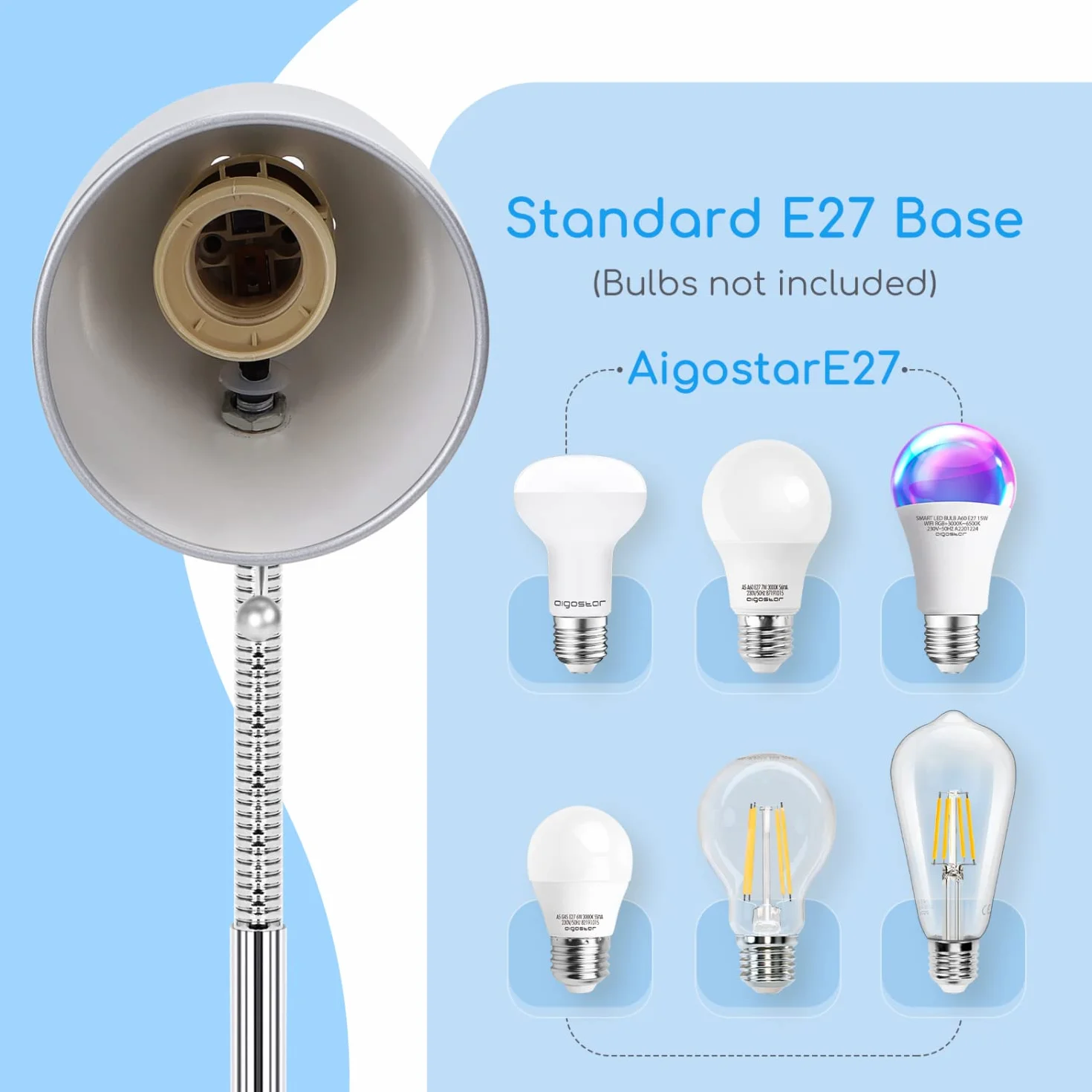 Aigostar Lampada da Lettura con Clip, Lampada da Scrivania Vintage con Clip, Lampadina Non Inclusa, Compatibile con Lampadine Modello E27, con Cavo da 153 cm, Argento
