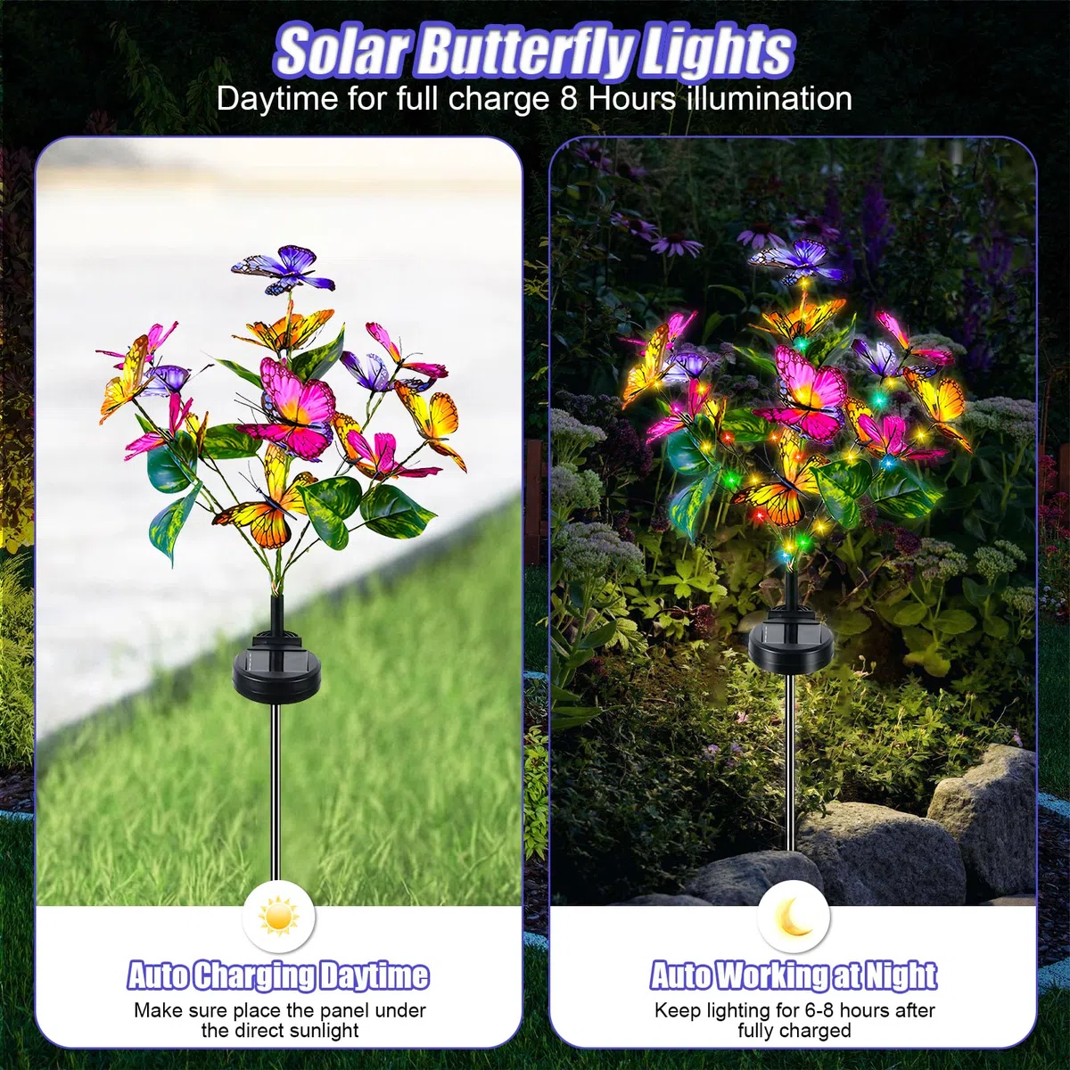 Lampade Solari da Giardino, 2 Pezzi Luci Solari Fiore Farfalla LED, Luce Solare Esterno Decorazione da Giardino Impermeabile Decorazioni di Giardino, Prato, Natale Regali di Compleanno Per le Donne