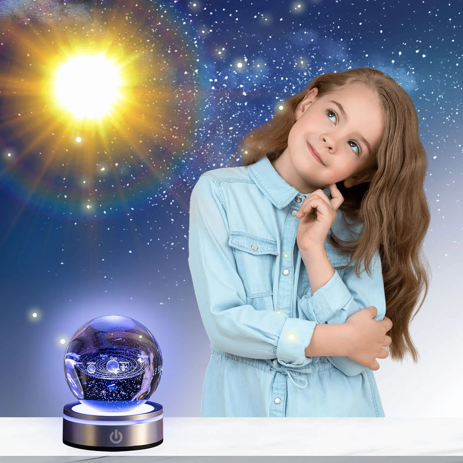 mumisuto Sfera di Cristallo 3D, Sfera di Cristallo 3D Sistema Solare, luce notturna 3d con sfera di cristallo con LED Light Up Base Casa Decorazione Ornamento Astronomia Regali educativi di Natale
