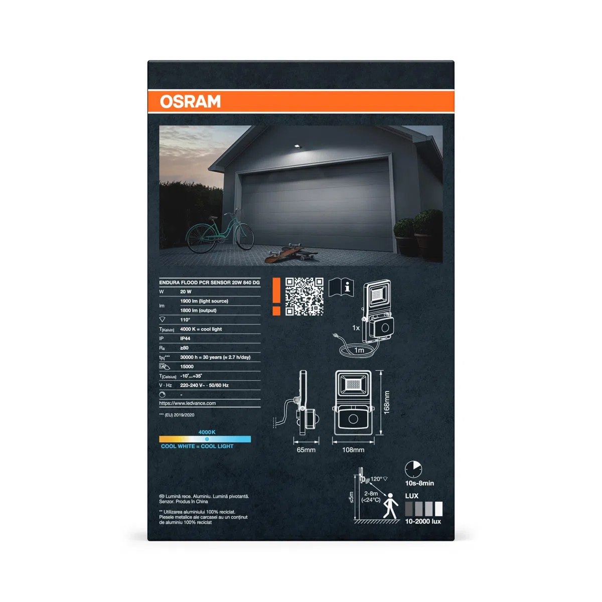 OSRAM Proiettore LED ENDURA FLOOD PC 20W con sensore, 4000K, 1800 lumen, IP44 con rilevatore di movimento IR, tempo/lux regolabile, grigio scuro