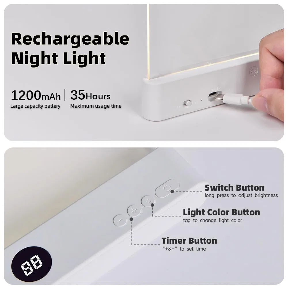 Lampada da lettura a LED piatta, 3 colori, per libri a letto con funzione di memoria, timer dimmerabile, lampada da comodino ricaricabile, regalo per amanti dei libri, per ragazzi e ragazze, donne,