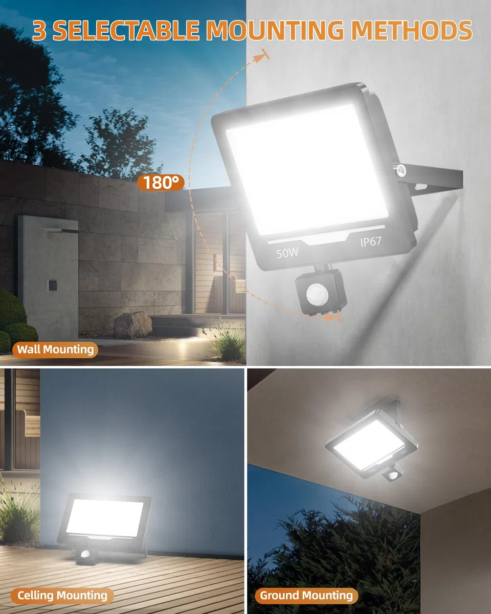 50W 5000LM Faretto LED da Esterno con Sensore di Movimento 1 Pezzi, 6500K Bianco Freddo Impermeabile IP67 Faretto Faro LED Esterno con Sensore Movimento per Cortile, Giardino