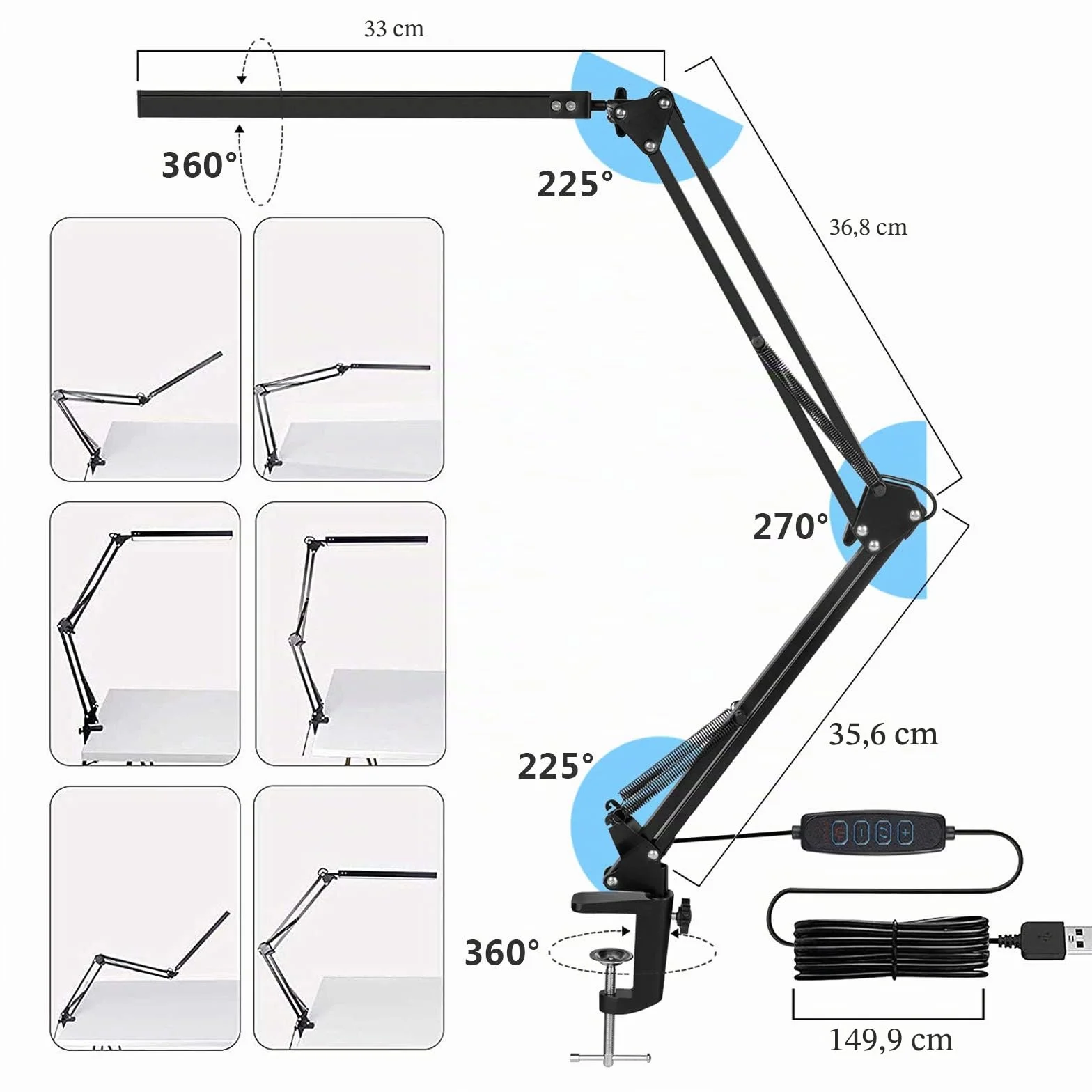 SKYLEO Lampada da Scrivania a LED - da Tavolo con clip - per la cura degli occhi - 3 modalità di luce x 10 livelli di luminosità - Nero