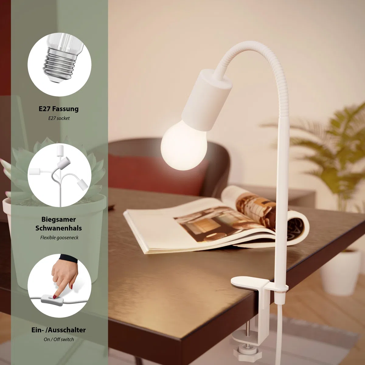 ledscom.de Lampada a morsetto, collo d'oca LELE, interruttore, bianco opaco, 1x E27 max. 60W