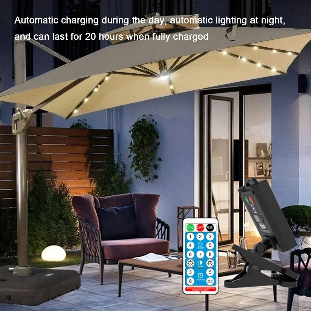 Outdoo - Ombrello a energia solare a LED con ricarica USB, con telecomando e clip, 8 modalità di illuminazione, per campeggio, giardino, decorazione per feste