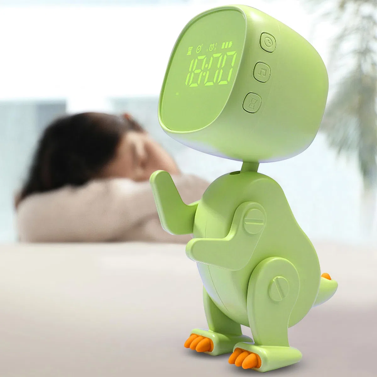 Sveglia per bambini ragazza ragazzo sveglia digitale per bambini luce notturna dinosauro orologio Snooze, con 3 gruppi di allarmi, suono e luminosità regolabili in ricarica USB, verde