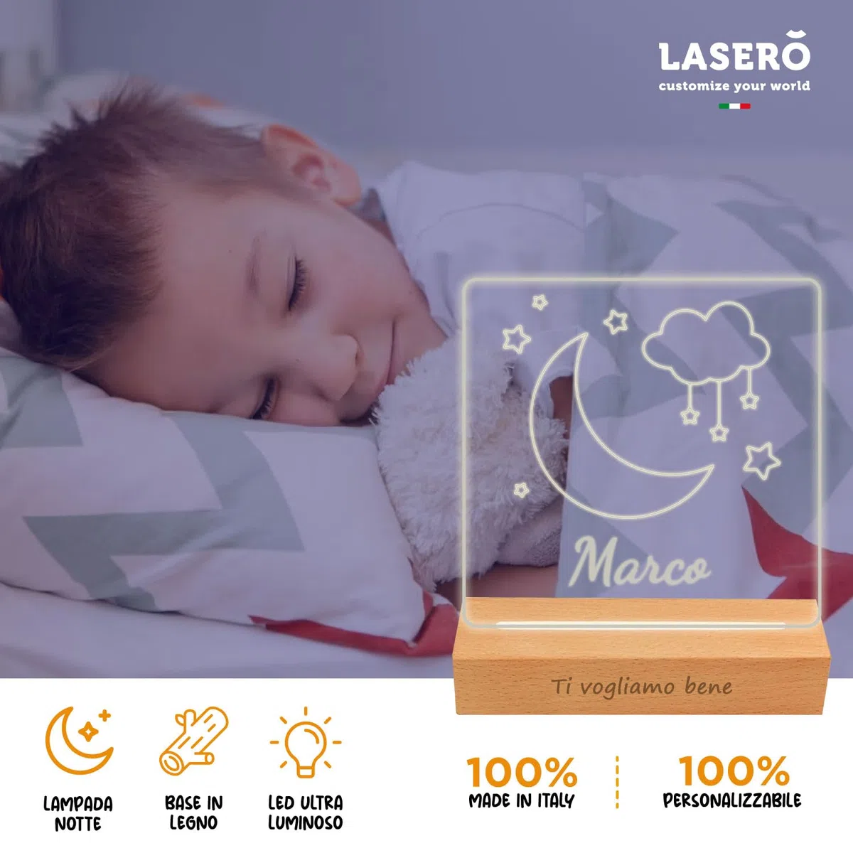 LASERO' Lampada Personalizzata con Nome in Plexiglass Inciso – Luce Notturna Personalizzata Bambina – Lampada Cameretta Bambini con Base in Legno – Idea Regalo Nascita o Battesimo