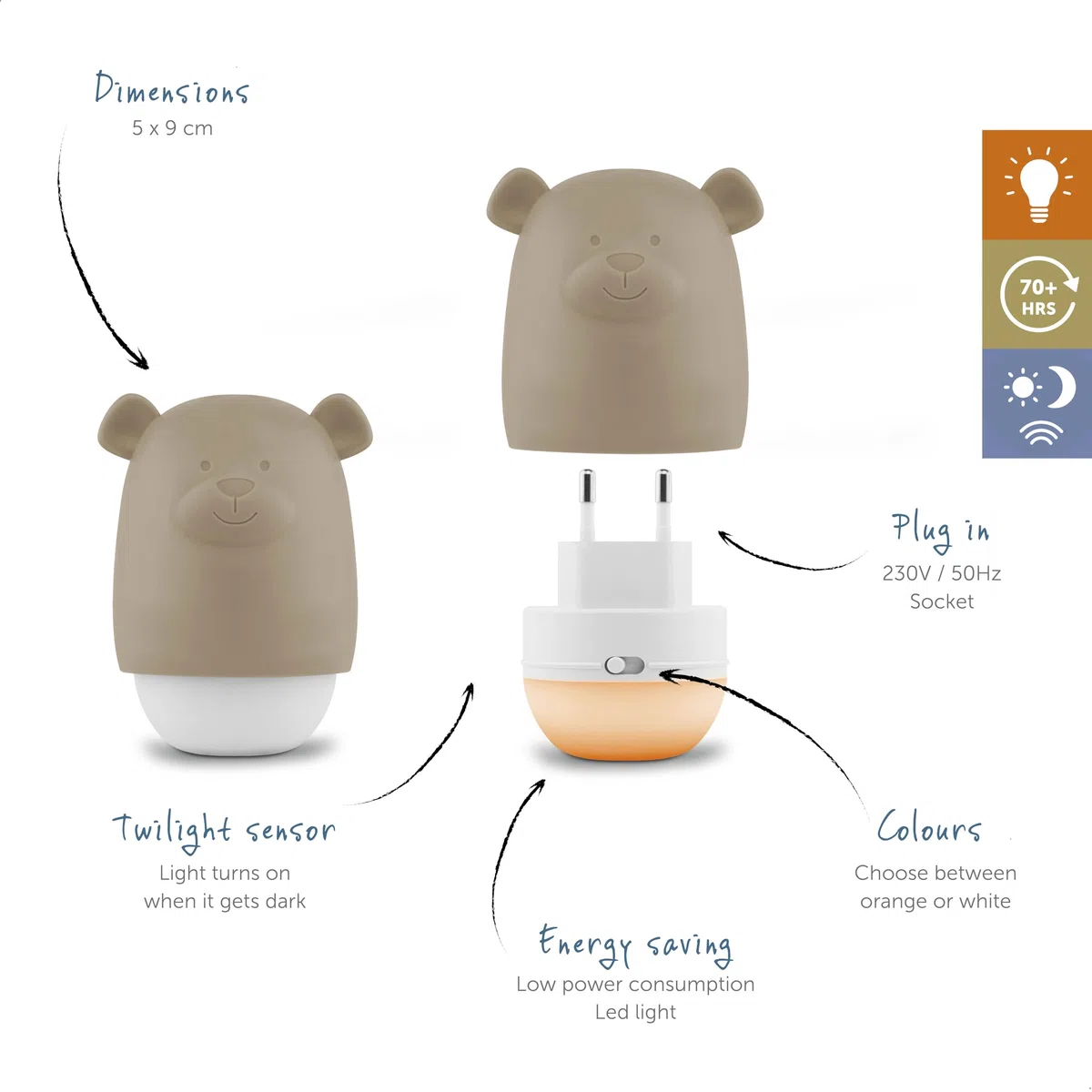 ZAZU Benny Luce notturna per bambini con sensore crepuscolare – Ricaricabile | Accensione automatica | Luce bianca e arancione | Portatile e presa | Batteria fino a 70 ore | Modalità viaggio | Lampada