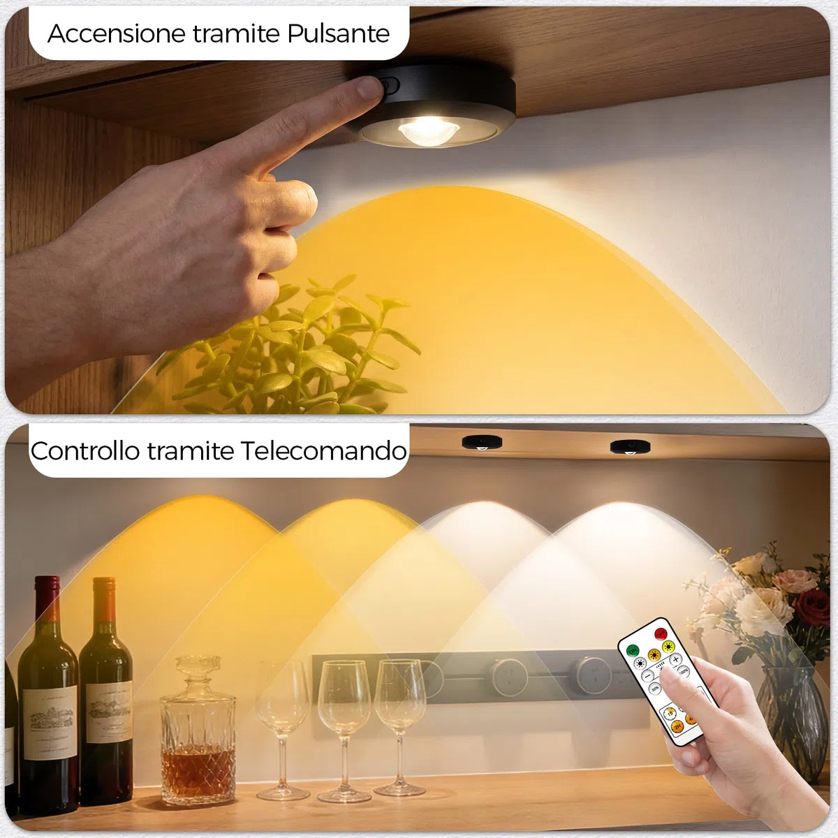 Set di 6 Faretti LED USB con Telecomando, Dimmabili, 30 Colori Cambiabili, Luci Senza Fili per Vetrine, Armadi e Cucina, Illuminazione Adesiva e Magnetica con Timer e Funzione Touch