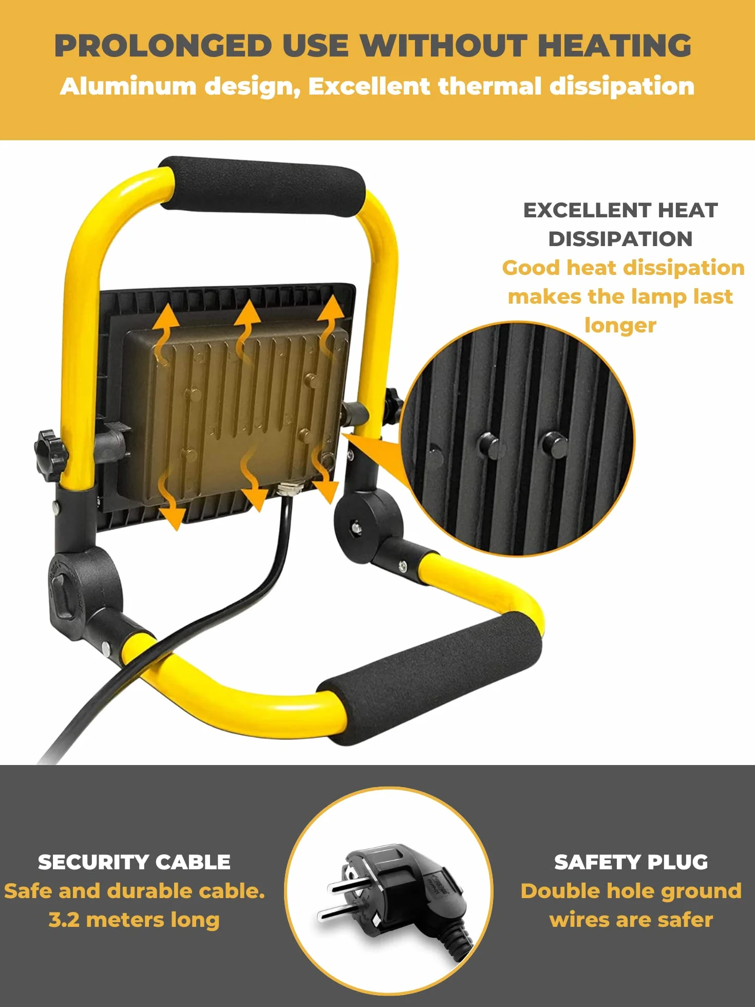 Faretto LED da Cantiere 50W, Faretto Portatile, Luce di Inondazione Bianca 6000K, 5000LM, Girevole a 360º, Impermeabile IP65, Pieghevole, cavo da 3 m. Illuminazione esterna, Officina, Lavoro, Garage