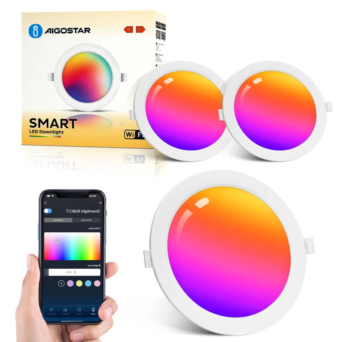 Aigostar 9W Faretti LED da Incasso per Cartongesso, 2 pezzi Faretto Led Incasso, Lampada da Incasso, App Controllo RGB Dimmerabile, Bianco Caldo a 2700-6500K 780LM, Compatibili con Alexa e Google Home
