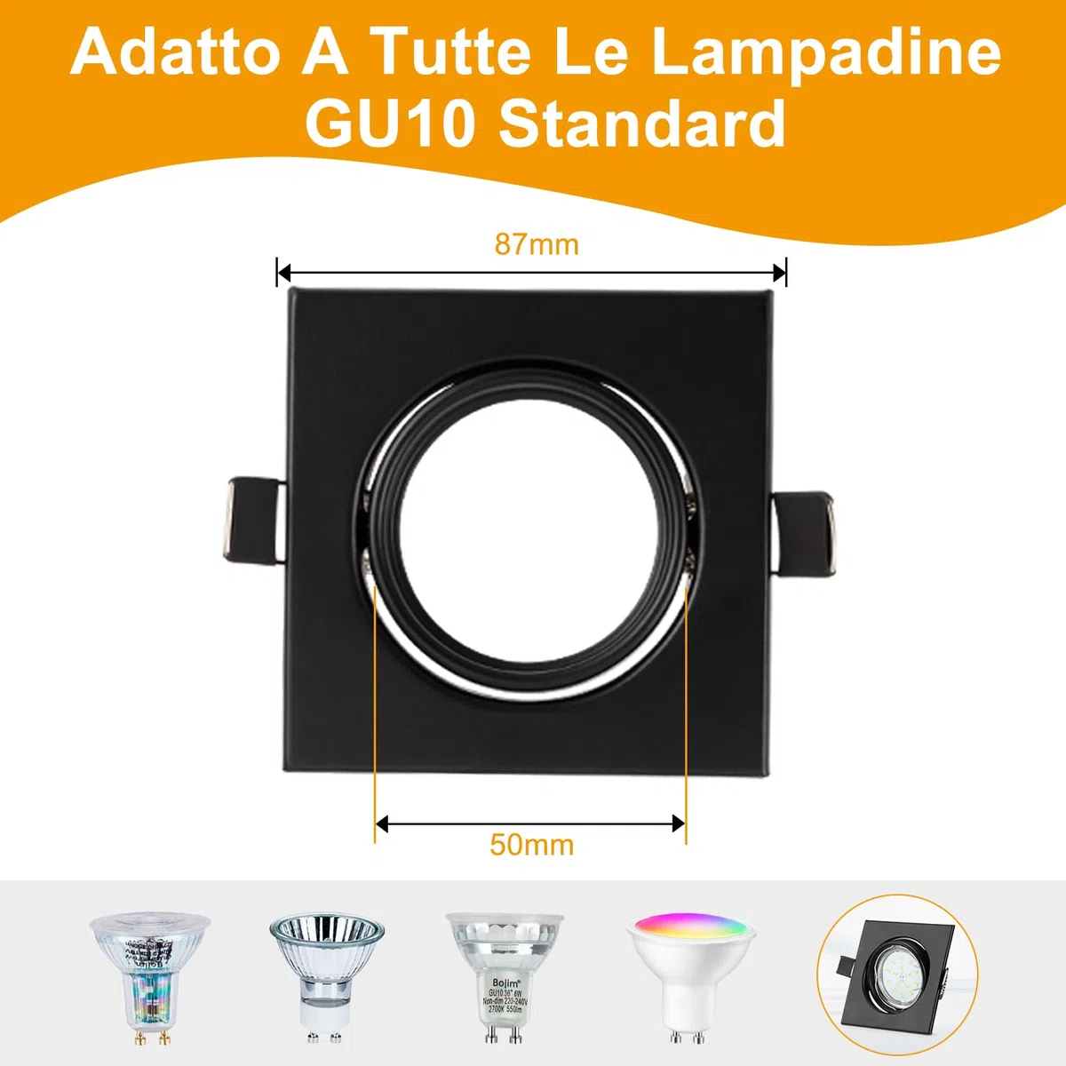 Bojim Porta Faretti LED da Incasso GU10 per Cartongesso Quadrati Nero, Cornice Ghiera Faretto Incasso Diametro Foro 68mm - 85mm Portafaretti Portalampada GU 10 Farettoincasso 10 Pezzi