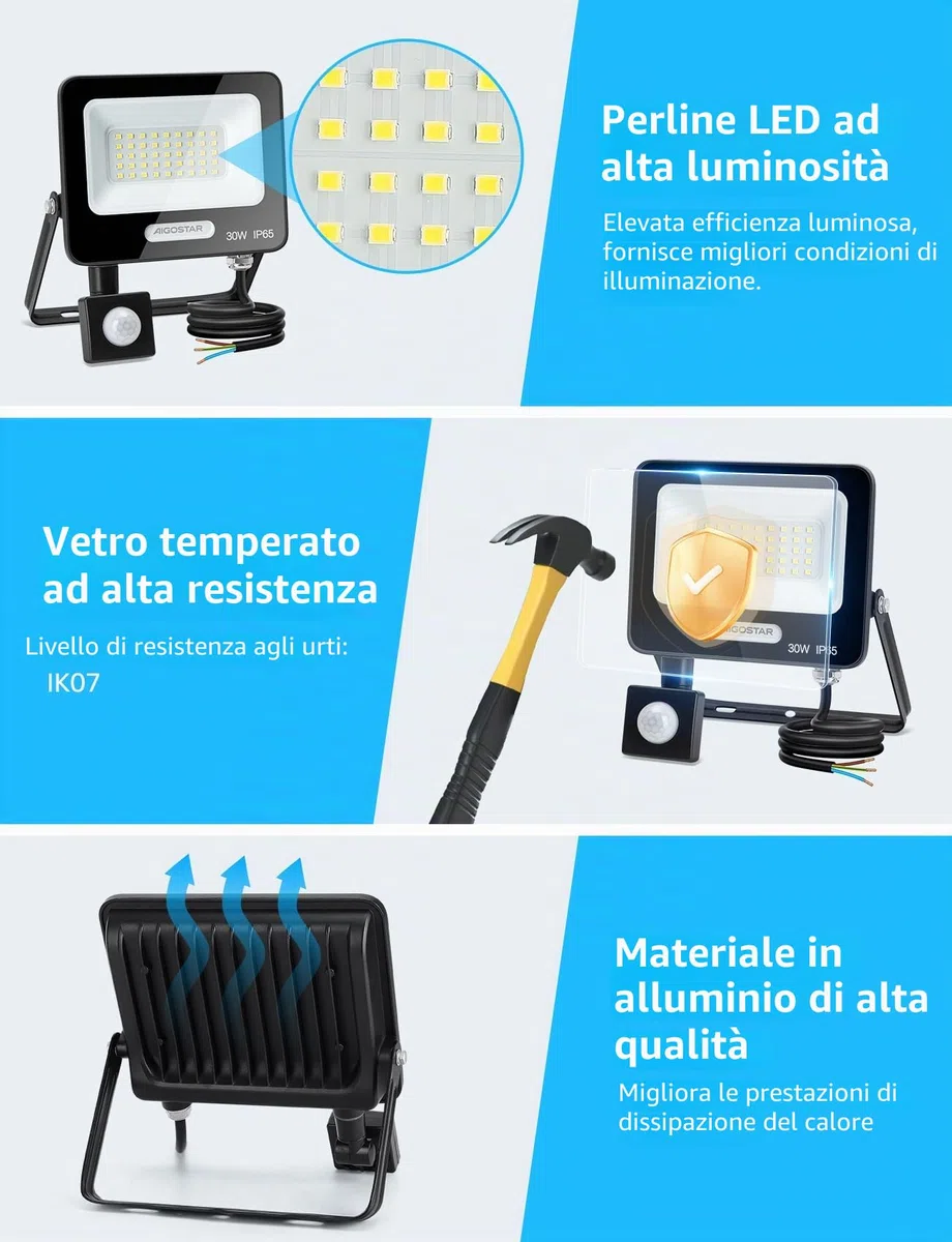 Aigostar- 30W Faretto Led da Esterno con Sensore di Movimento, Faro LED Esterno, 2750LM, Bianco Freddo 6500K, IP65 Impermeabile, Faretti LED per Giardino, Cortile, Patio, Garage, Confezione da 2