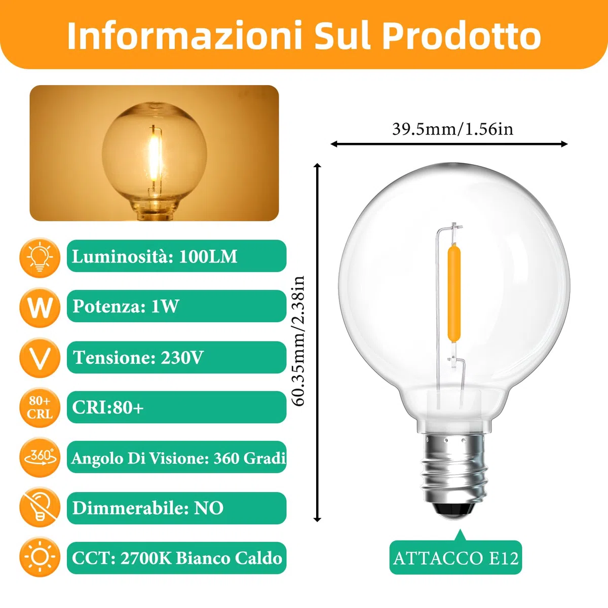 25 Pezzi Lampadina LED G40 E12 1W Esterno Ricambi, Bianco Caldo 2700K, 100LM, G40 LED Filamento Lampadina, Impermeabili IP54, Non Dimmerabile, per stringhe luminose Illuminazione interna ed esterna