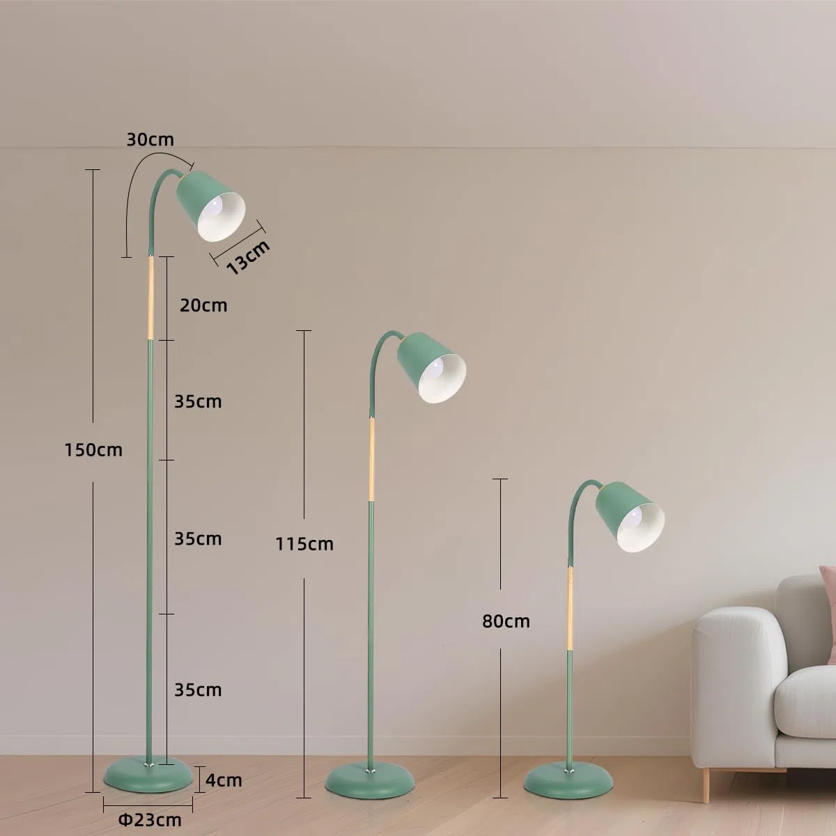 ANTENLICHT VILI | Lampada a stelo per soggiorno, attacco E27, max. 60 W, altezza 159 cm, lampada da lettura con cavo da 200 cm, senza lampadina, camera da letto e studio, verde