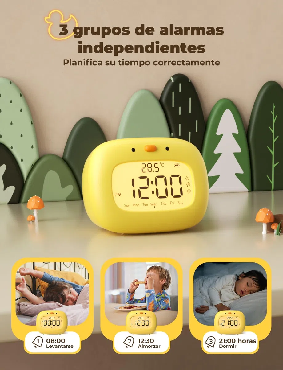 YISSVIC Sveglia per bambini, sveglia da mattina digitale, 3 allarmi/12/24 ore/Snooze/Timer/Display della settimana, Tipo C, ricaricabile, per bambini adulti, forma anatra