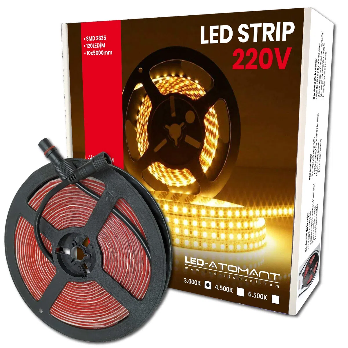 LED ATOMANT Rotolo da 5 metri di Striscia LED Diretta a 220V, 12W/m, Colore Bianco Caldo (3000K), Impermeabile (IP65), Taglio ogni 10cm